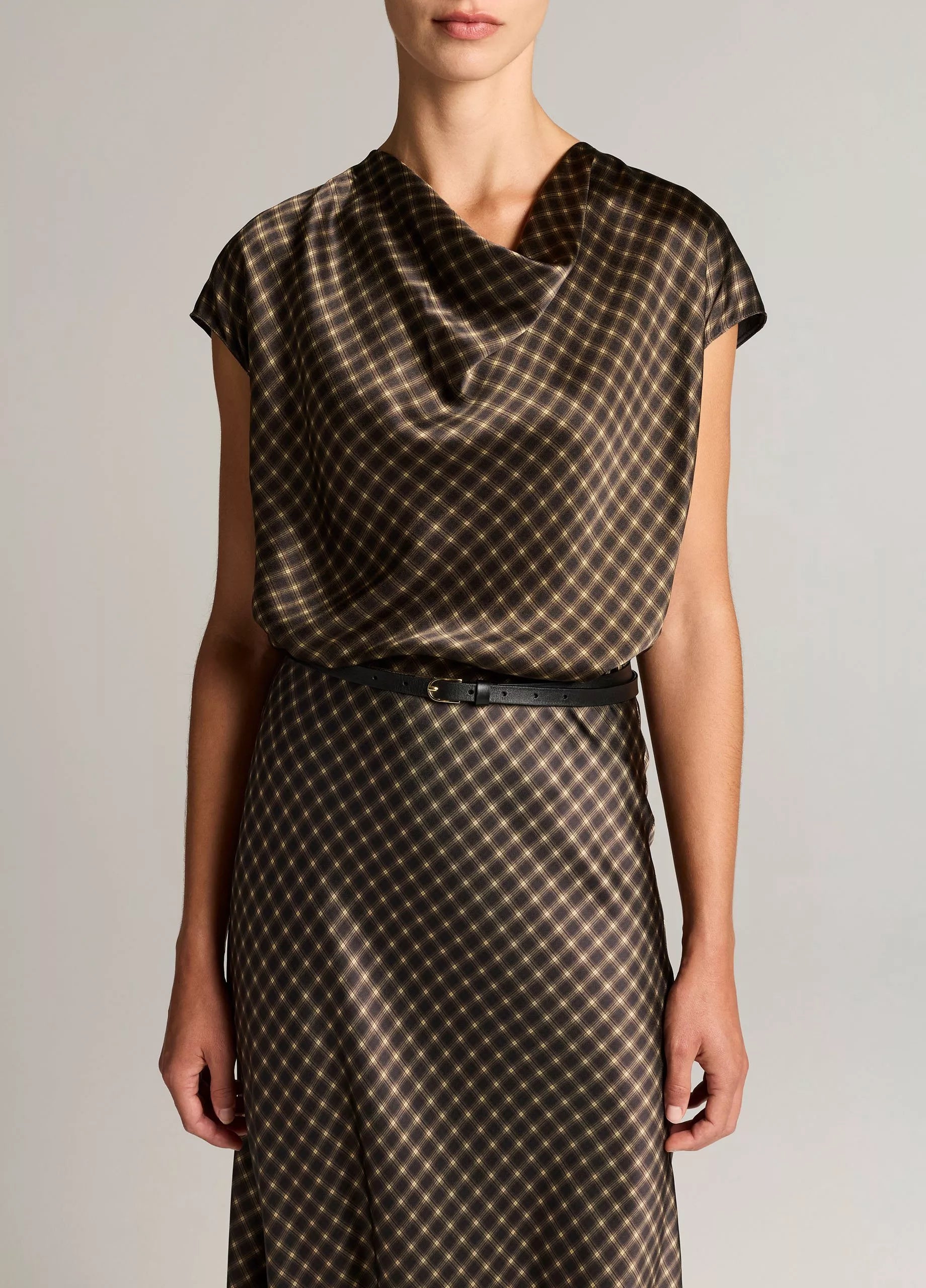 Vince Ombré Plaid Silk Satin Cowl-Neck Blouse