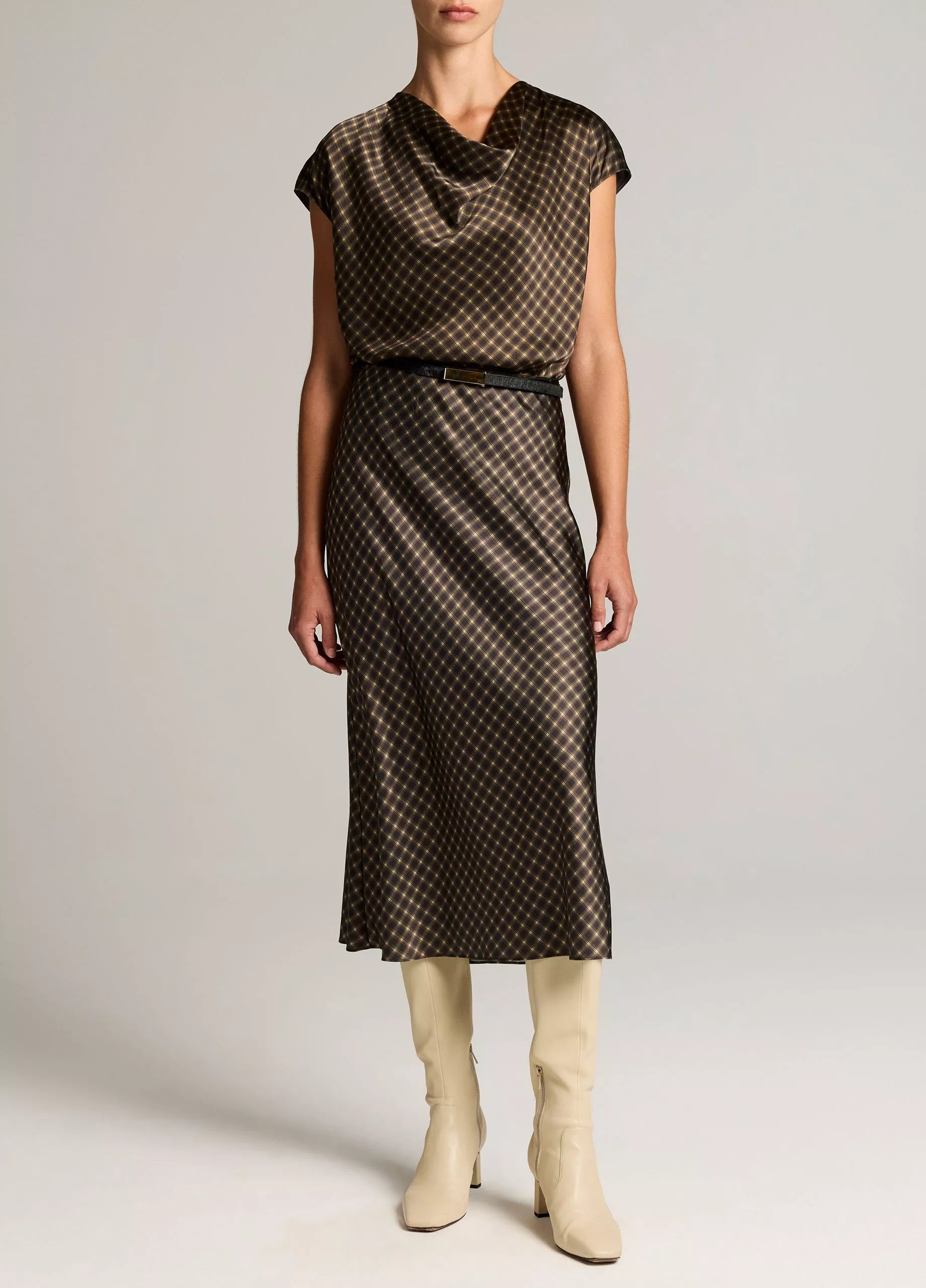 Vince Ombré Plaid Lingerie-Trim Satin Slip Skirt