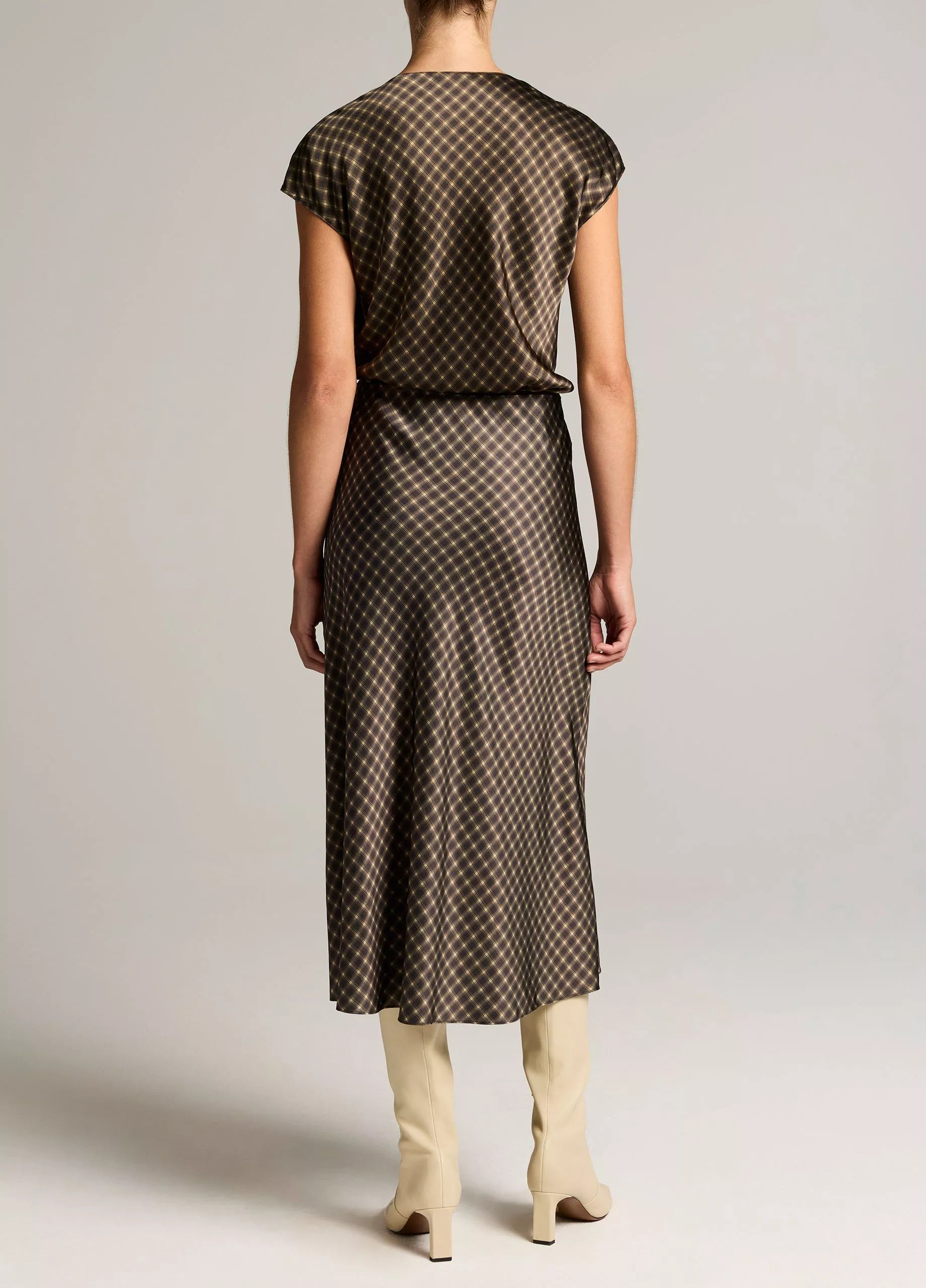 Vince Ombré Plaid Lingerie-Trim Satin Slip Skirt