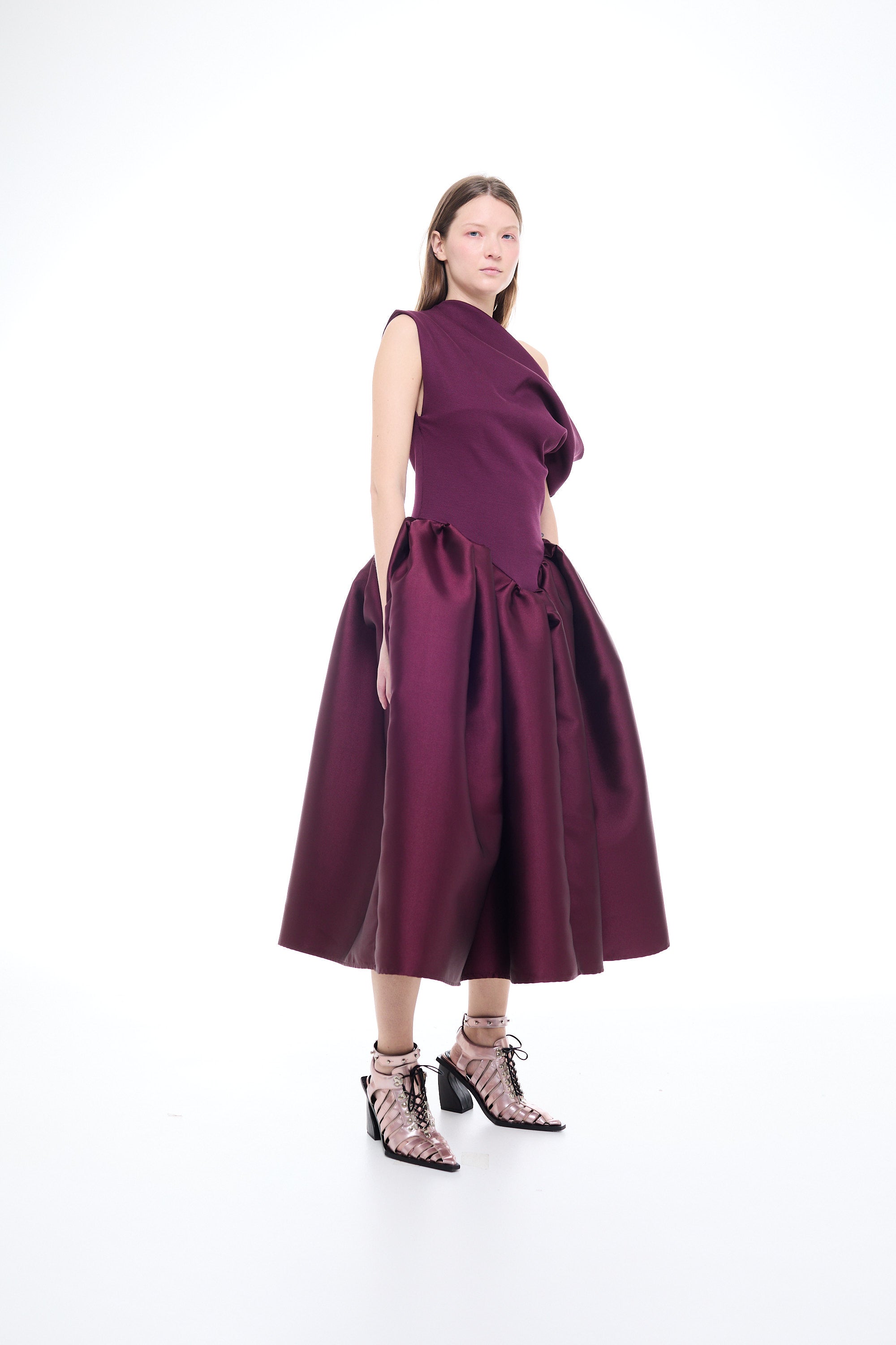 HEAVY SATIN OFF SHOULDER PRINCESS MIDI DRESS