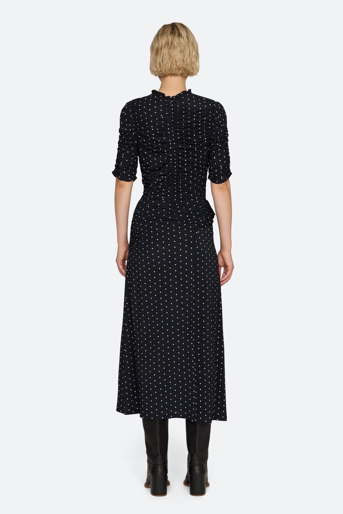 JEANNE POLKA DOT PRINT RUCHED MIDI DRESS (D1)