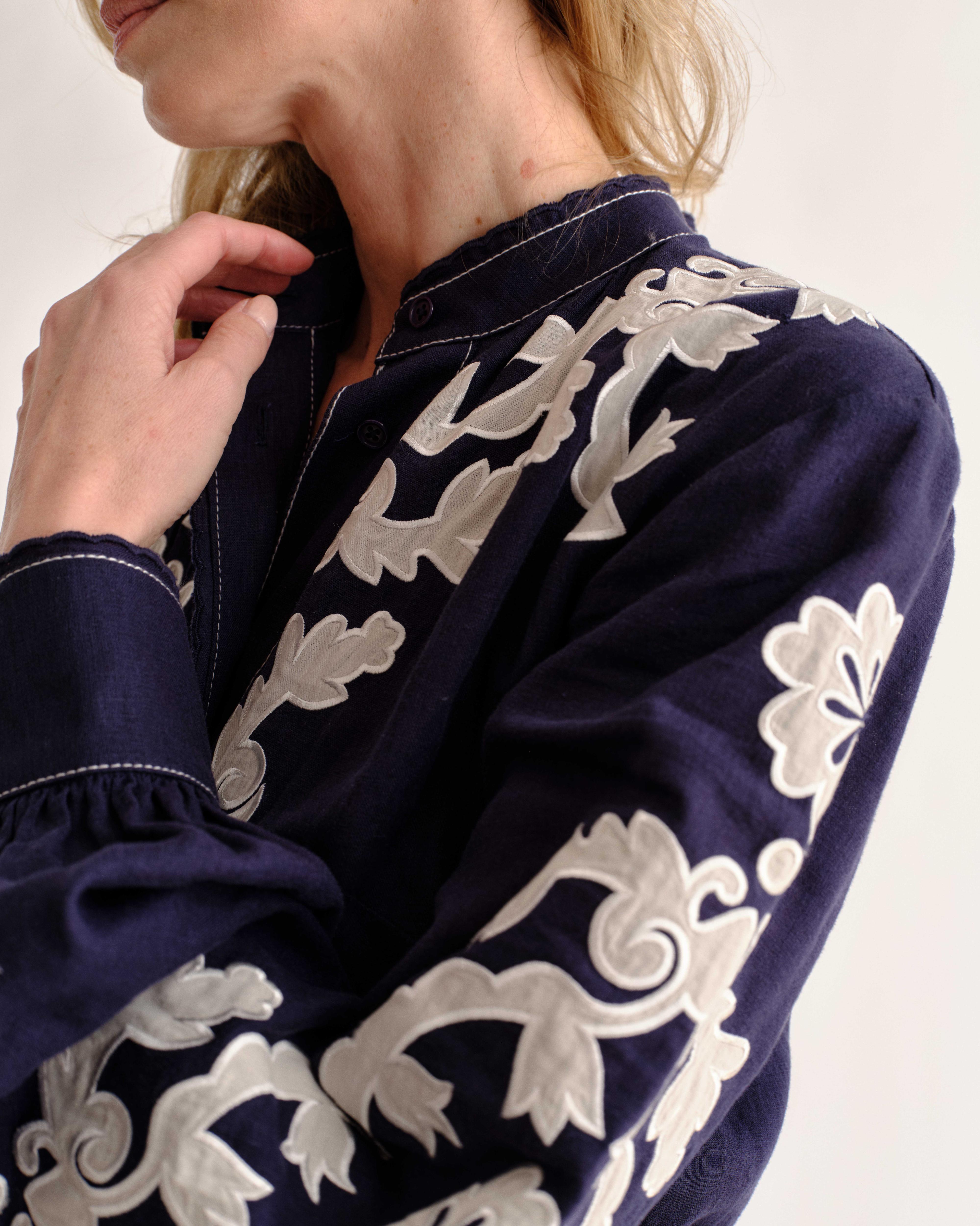 PF26 Ophelia Dress-Navy Prairie Floral Applique