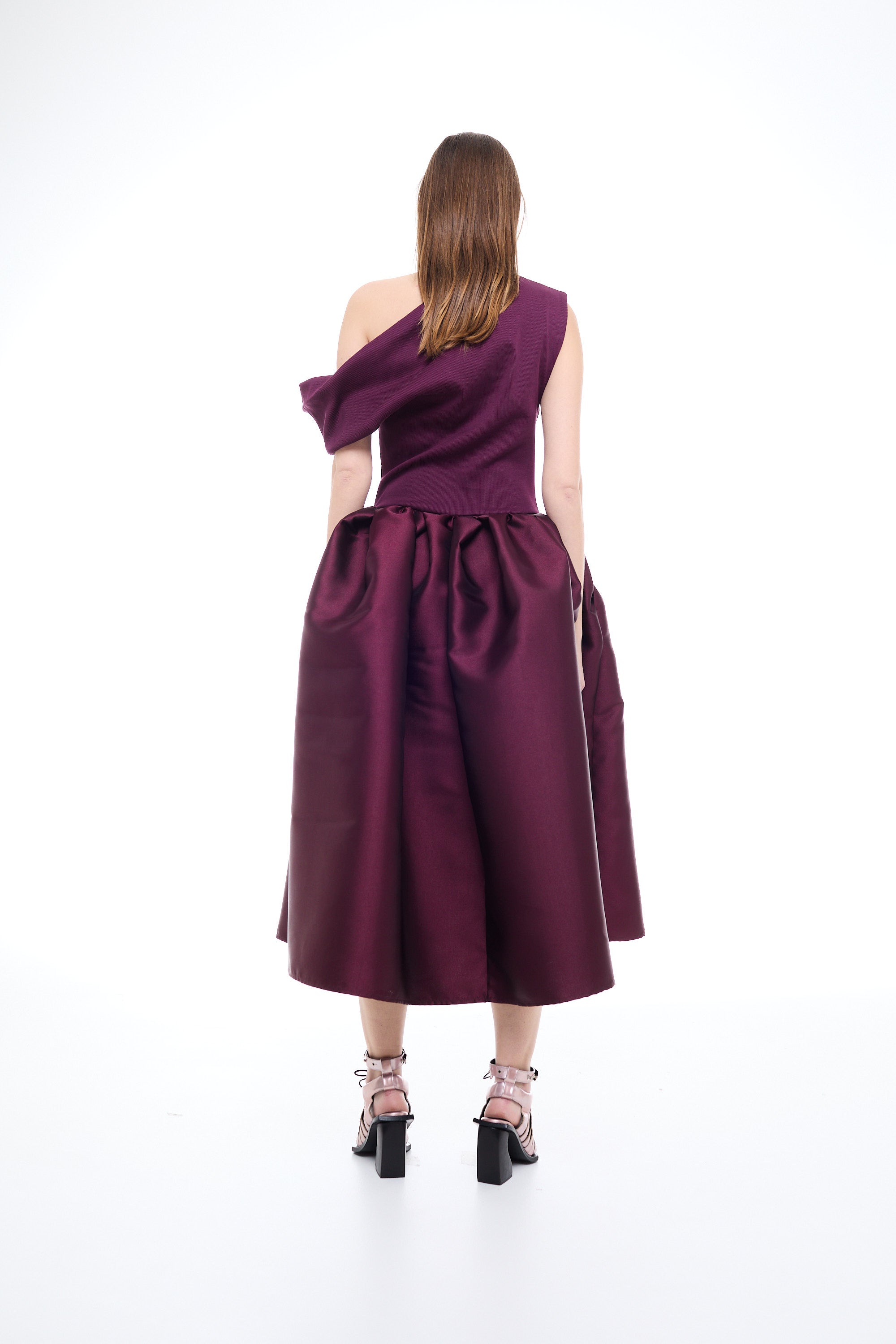 HEAVY SATIN OFF SHOULDER PRINCESS MIDI DRESS