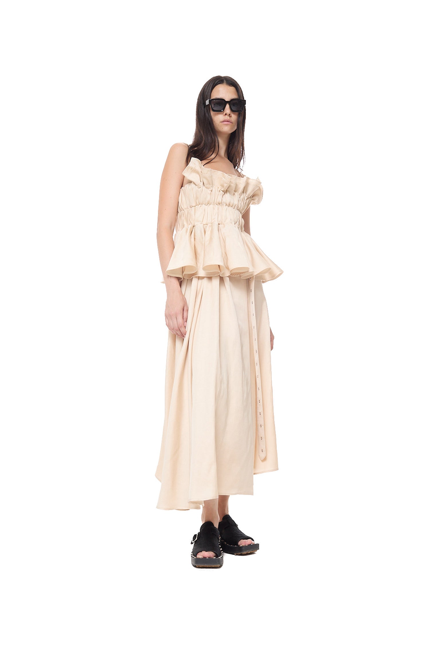 SATIN LINEN GATHERED WRAP MIDI SKIRT