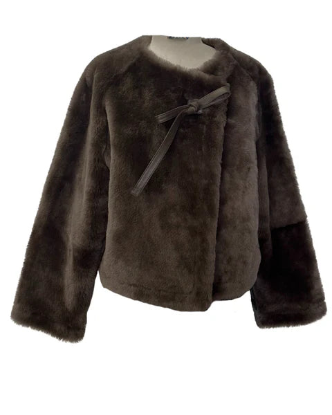 Linda Richards Asymmetrical Lamb Tie Jacket Brown