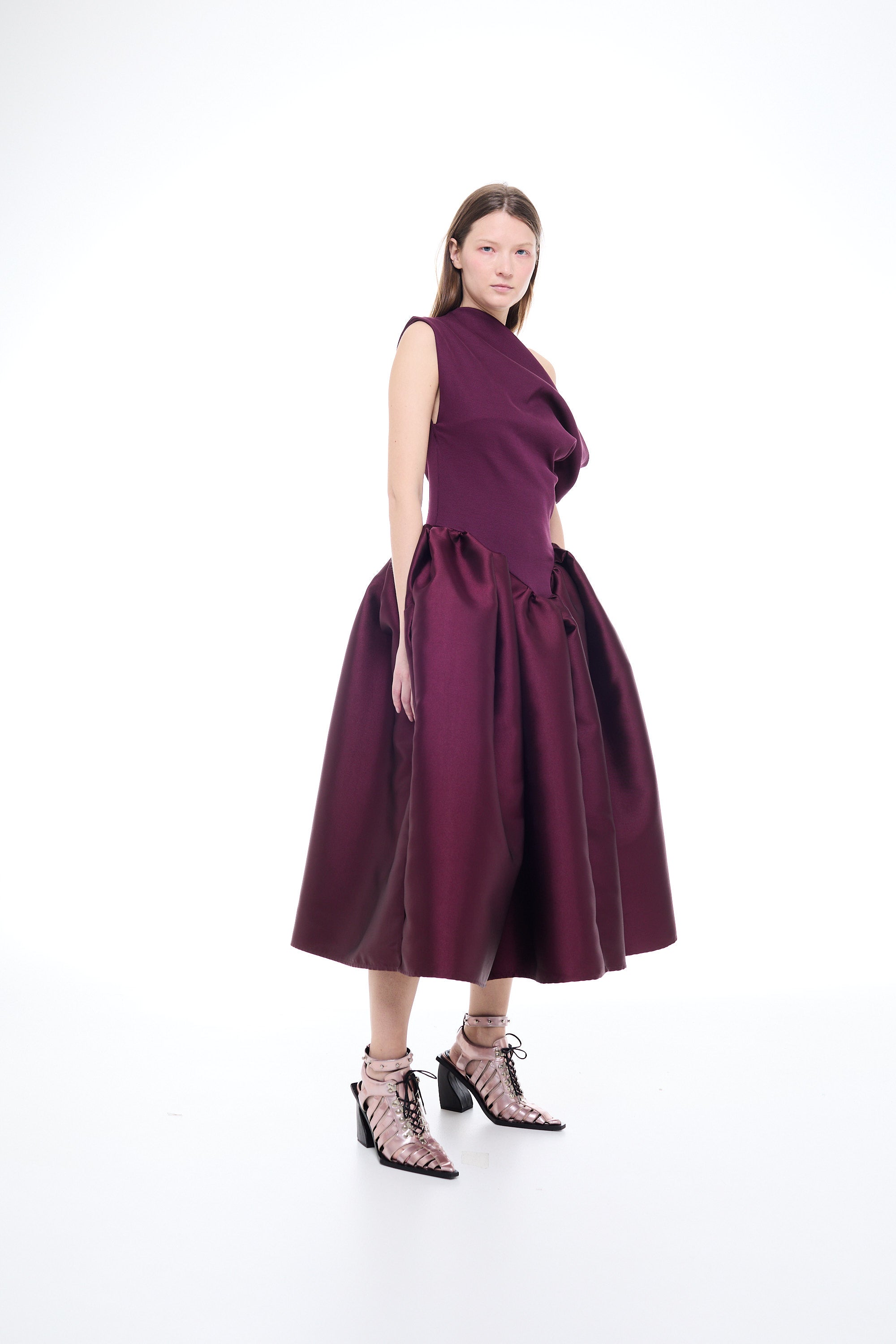 HEAVY SATIN OFF SHOULDER PRINCESS MIDI DRESS