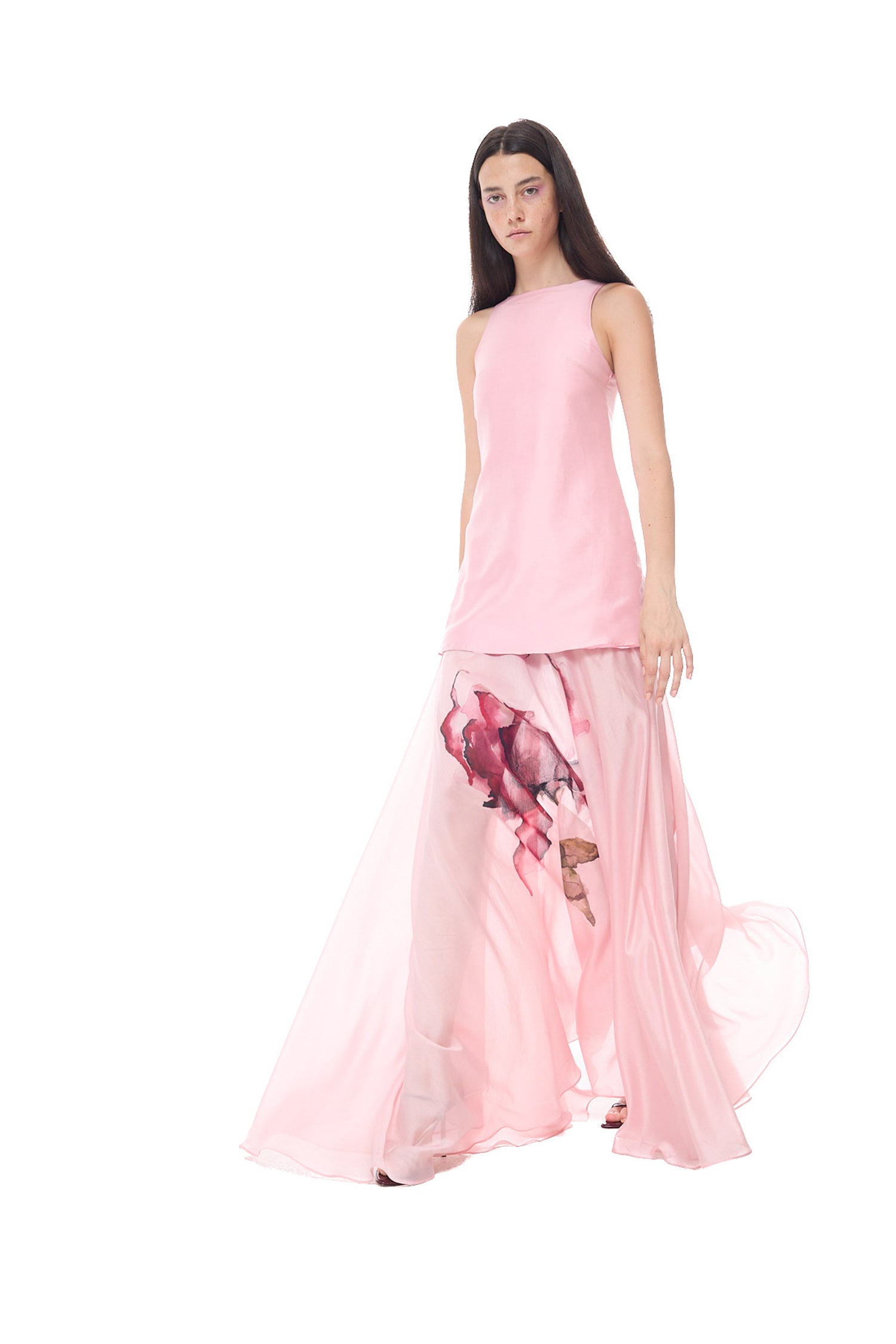 WATERCOLOR FLOWER PRINTED HALTER NECK LONG DRESS